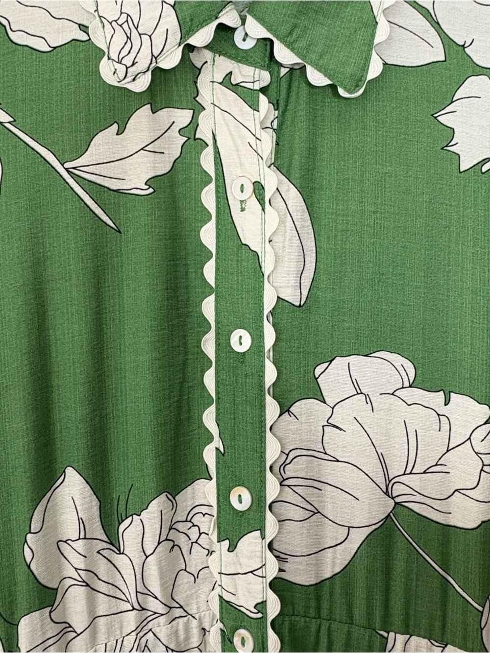 Entro Green White Floral Peony Gardenia Print Midi Dress Ric Rack Trim, S. NWOT - Picture 6 of 15